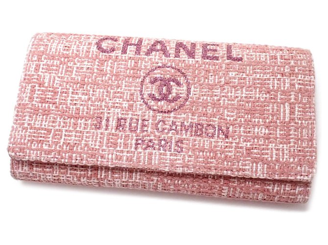 Carteira Chanel Long Deauville Long Rosa Branco Lona Pano  ref.198928
