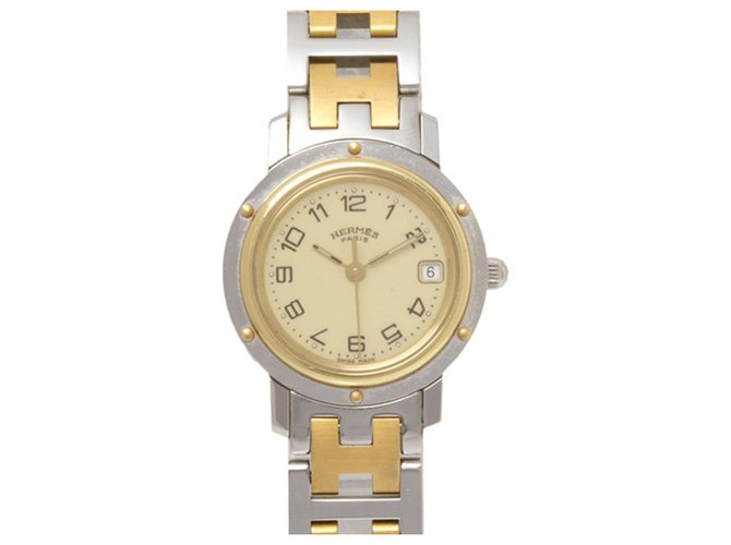Hermès Relógio Hermes Clipper em Prata com Dois Tons Dourado Aço Metal  ref.198930