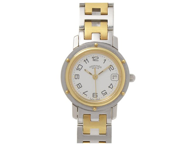 Hermès Relógio Hermes Clipper em Prata com Dois Tons Dourado Aço Metal  ref.198946