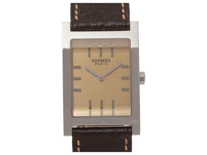 Hermès Reloj Hermes Silver Tandem Castaño Plata Cuero Metal Becerro  ref.198949