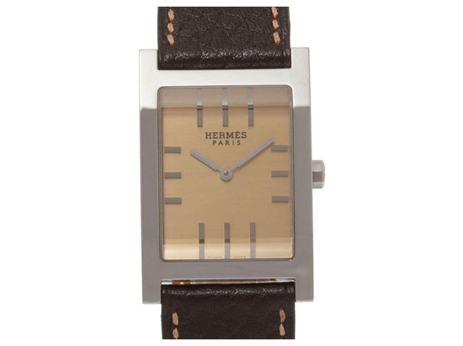 Hermès Hermes Silver Tandem Watch Brown Silvery Leather Metal Pony-style calfskin  ref.198949