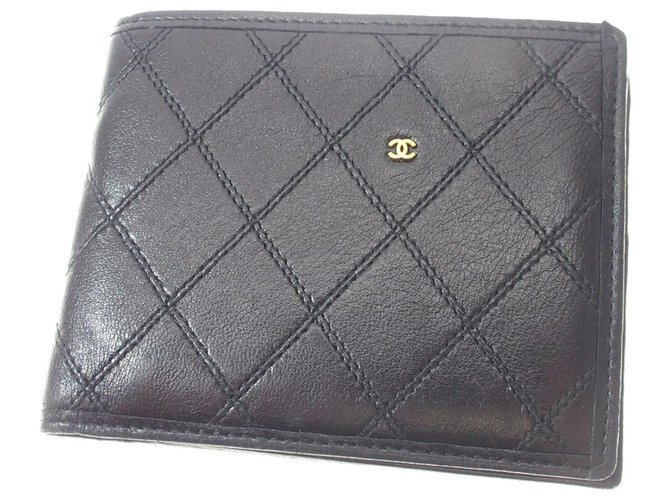 Chanel Black Matelasse Leather Small Wallet Schwarz Leder  ref.198990
