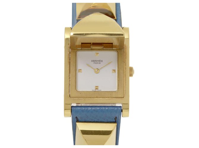 Hermès Hermes Blue Medor Uhr Blau Golden Leder Metall Kalbähnliches Kalb  ref.199007