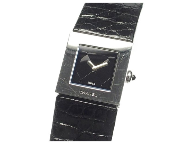 Chanel Black Mademoiselle Watch Silvery Leather Steel Metal Pony-style calfskin  ref.199041