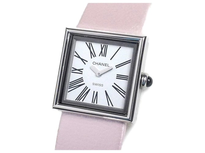 Chanel White Mademoiselle Uhr Pink Weiß Leder Stahl Metall Kalbähnliches Kalb  ref.199050