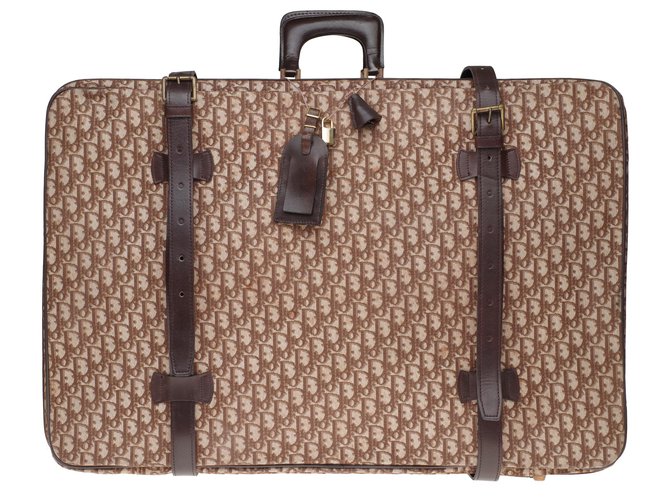 Vintage Christian Dior suitcase in oblique monogram canvas and brown leather Cloth  ref.199169