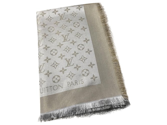 Louis Vuitton Beige Silk Monogram Fringed Edge Scarf Louis Vuitton