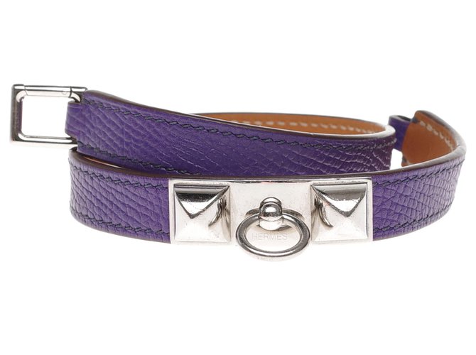 Magnífica pulsera con vuelta de Hermès Kelly forrada en cuero epsom morado, adornos de metal plateado paladio Púrpura  ref.199459