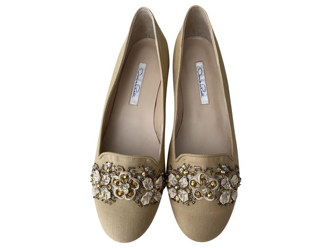 Oscar de la Renta NEW BALLERINES in beige canvas with fabric flowers and rhinestones Cloth  ref.199519