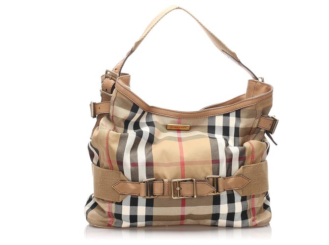 Burberry Brown House Check Brecon Shoulder Bag Multiple colors Beige Leather Cloth Pony-style calfskin Cloth  ref.199647