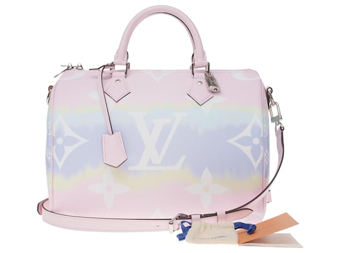 Sac édition limitée Louis Vuitton Speedy 30 bandoulière Escale en rose pastel, état neuf Cuir Toile Blanc Bleu Jaune  ref.200151