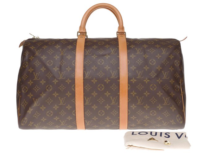 Louis Vuitton Keepall Travel Bag 50 em tela monograma e couro natural em muito bom estado Marrom Lona  ref.200187