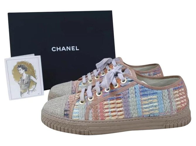 CHANEL Logo CC Tweed Lace Up Sneakers Sz.38 Multicolore  ref.200223