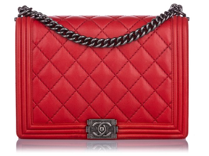 Chanel vermelho XL forrado saco do menino do ponto Couro Bezerro-como bezerro  ref.200479