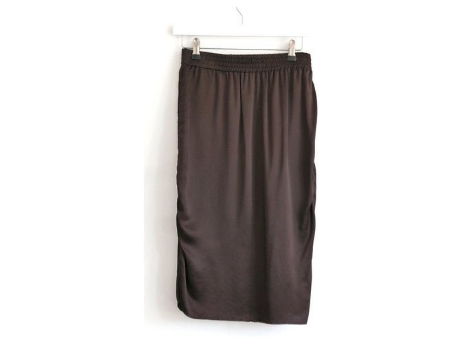 Lanvin AW08 Brown Satin Ruched Pencil Skirt Acetate  ref.200667