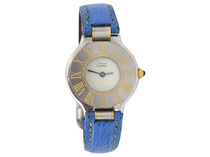 Cartier Must 21 watch. Silvery Blue Golden Leather Steel  ref.201026