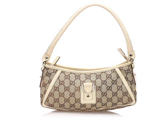 Gucci Brown GG Canvas D-Ring Abbey Pochette White Beige Leather Cloth Pony-style calfskin Cloth  ref.201149
