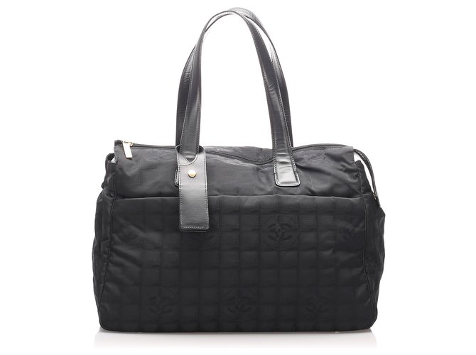 Chanel Black New Travel Line Travel Bag Leather Cloth Pony-style calfskin Cloth  ref.201185