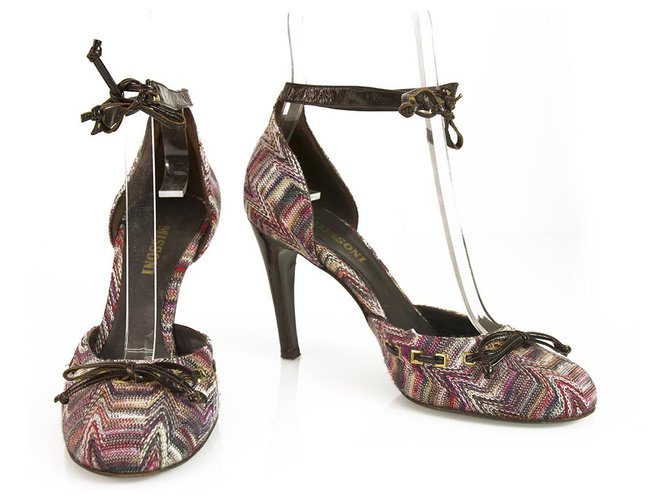 Missoni Purple Hues Fabric Brown Patent Leather Ankle Strap Heels pumps shoes 37 Multiple colors Cloth  ref.201409