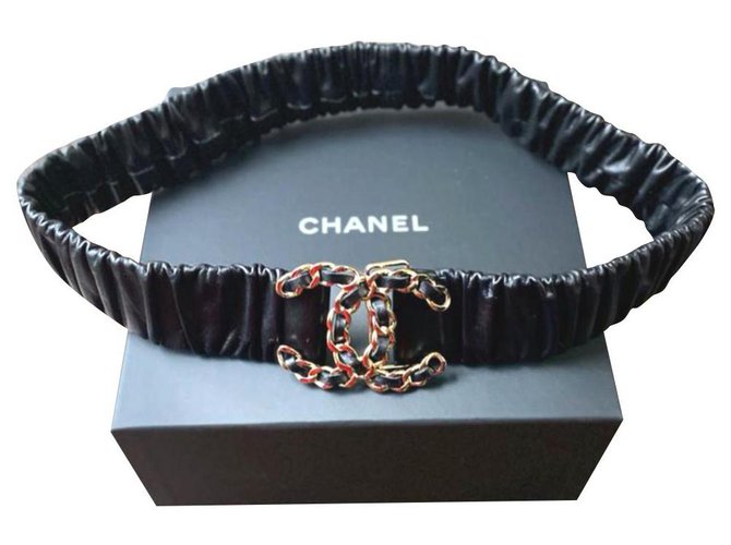 Chanel CC black leather ruched belt sz 70 ref.201439 - Joli Closet