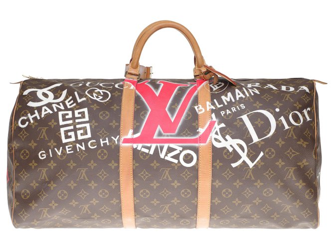 Louis Vuitton Beautiful Keepall travel bag 60 in custom monogrammed canvas "Luxury for ever" and numbered #65 Brown Leather Cloth  ref.201554