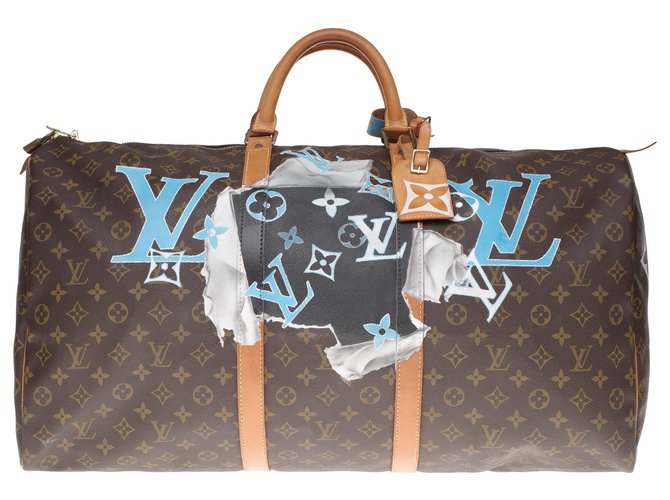 Hermosa bolsa de viaje Louis Vuitton Keepall 60 en lona monograma personalizada "F ***" y numerada 66 Castaño Cuero Lienzo  ref.201555