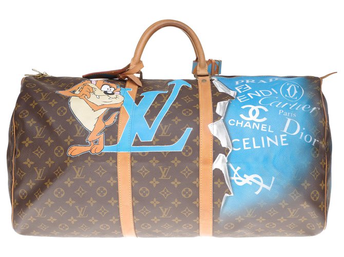 Hermosa bolsa de viaje Louis Vuitton Keepall 60 en lona monograma personalizada "TAZ" y numerada 67 Castaño Cuero Lienzo  ref.201556