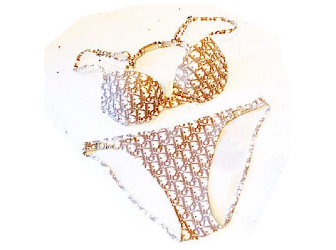 Christian Dior Rare bikini à fleurs en cristal Galliano Trotter avec logo Elasthane Polyamide Marron  ref.201559