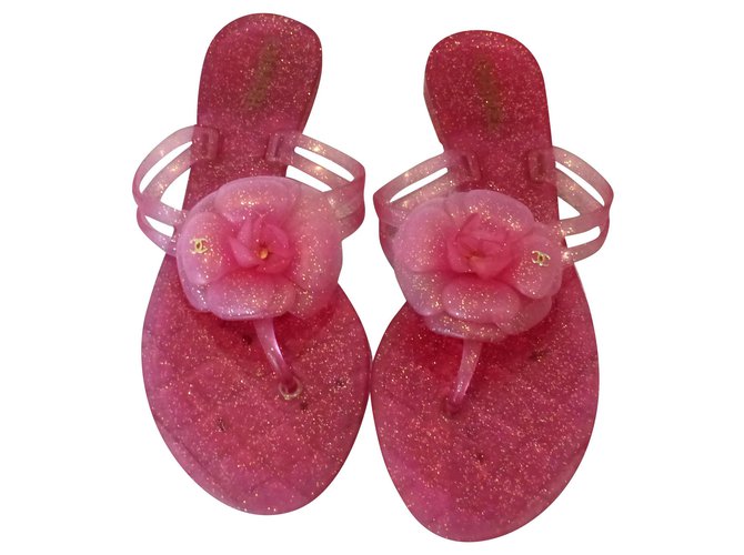 Chanel Glitter Camellia Sandals Pink Resin ref.201569 - Joli Closet