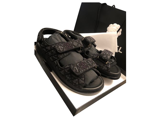 Chanel Spartan Dad Sandalen dunkelgrau Stoff 41 Anthrazitgrau