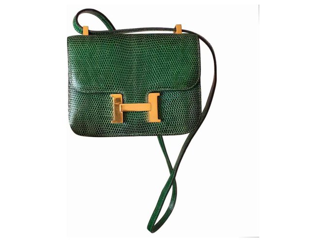 Bolsa Hermès micro Constance em lagarto verde e jóias de ouro 13.5 cm Verde escuro Couros exóticos  ref.202385