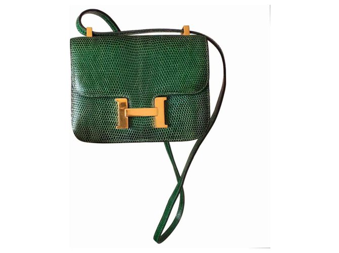 Hermès micro Constance handbag in green lizard and gold jewelry 13.5 cm Dark green Exotic leather  ref.202385