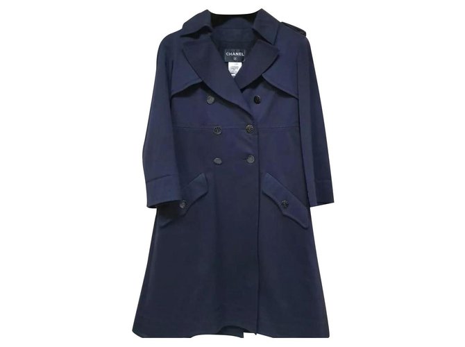 Chanel Logo Cc Buttons Navy Cotton Trench Coat   Sz.38 Navy blue  ref.202133