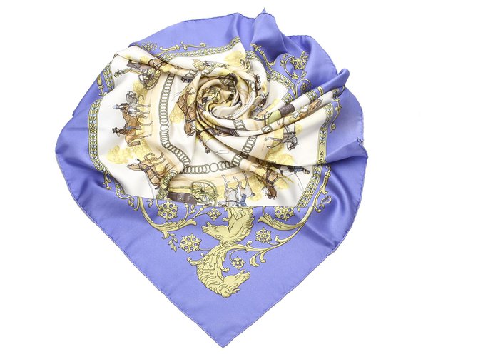 Hermès Foulard en soie Hermes La Promenade De Longchamp Blanc Tissu Bleu  ref.202316