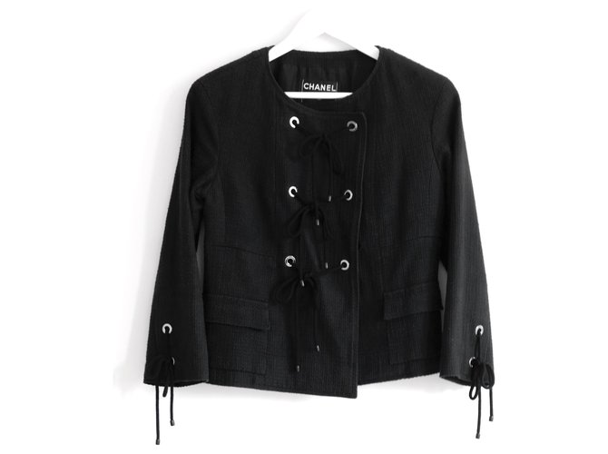 Vintage Chanel Resort 07 Eyelet & Rope Black Cotton Tweed Jacket  ref.202568