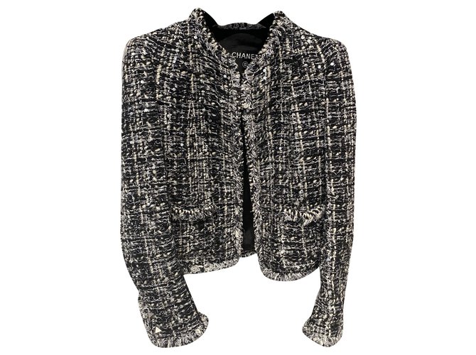 Chanel Vestes Tweed Noir Argenté Blanc  ref.202570
