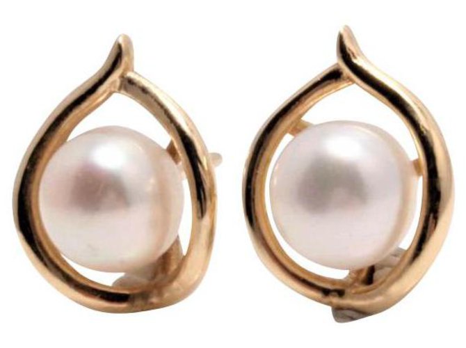 Autre Marque Yellow Gold Earrings and White Cultured Pearls 7x 8MM Eggshell  ref.202580