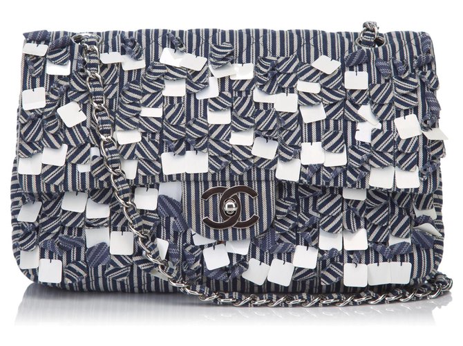 Chanel Blue Fringe Cotton Flap Shoulder Bag White Navy blue Plastic Cloth  ref.202818
