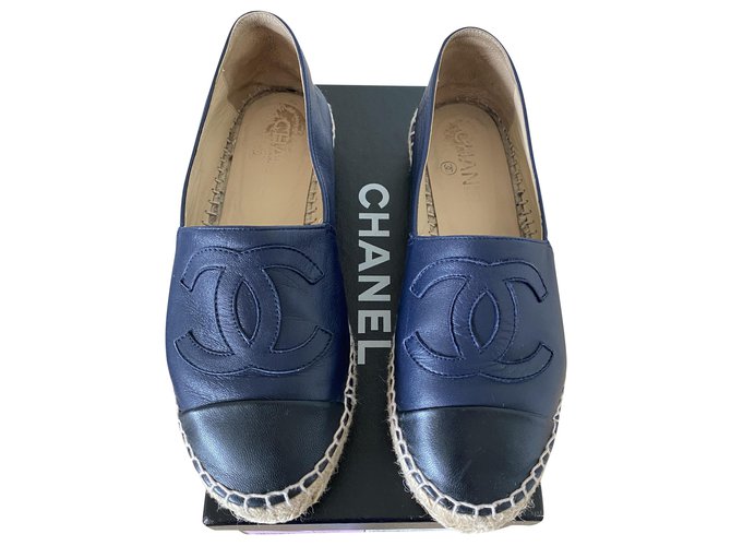 Chanel Alpargatas Negro Azul marino Cuero  ref.202857