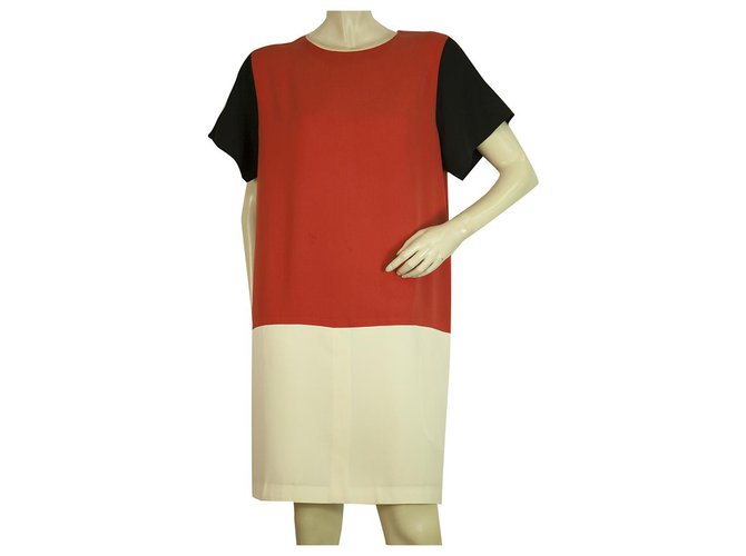 Céline Celine Silk Red Ecaille Cream Black Short Sleeve Knee Length dress - Sz 44 Multiple colors  ref.202897