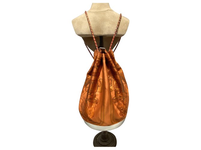 Hermès Backpacks White Orange Coral Leather Silk  ref.202916