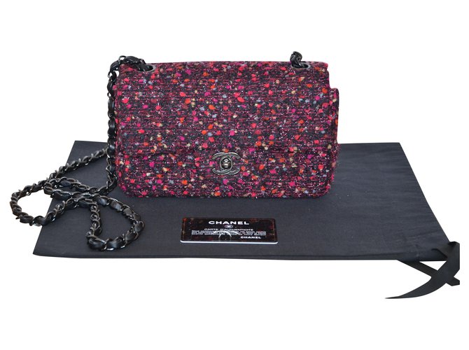 Timeless Chanel Tweed Classic Mini Flap Bag em tweed Preto Rosa Branco Vermelho Couro  ref.202957
