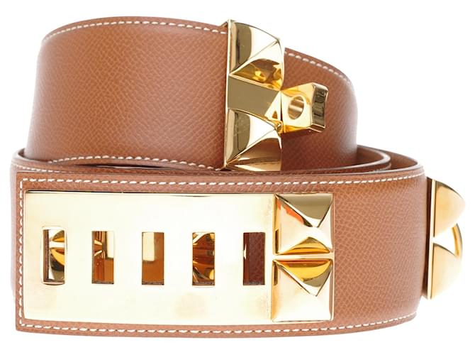 Cinturón Hermès para mujer Collar para perro en epsom dorado, adornos de metal chapado en oro, taille 80 Cuero  ref.202995