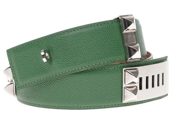 Hermès woman belt "Dog collar" Médor in green epsom, Garniture en métal argenté, taille 90 Leather  ref.202998