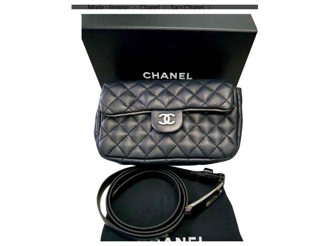 Embreagem com cinto Chanel chanel Preto Metálico Pele de cordeiro  ref.203126
