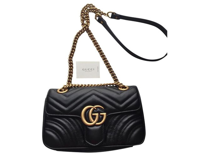 Gucci Black Chevron Leather Small GG Marmont Shoulder Bag Gucci