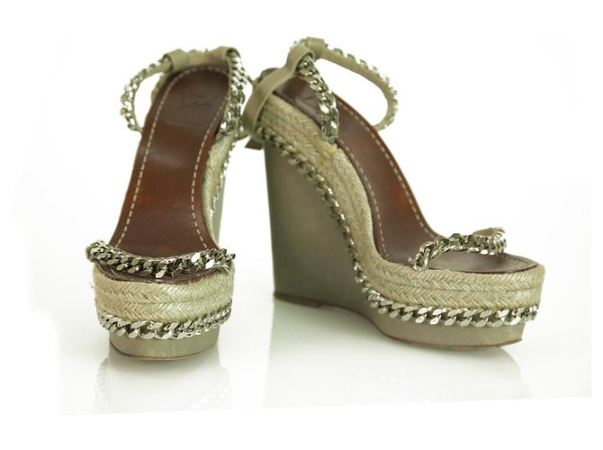 CHRISTIAN LOUBOUTIN Taupe Leather Braided Chain Espadrille 140 Wedges Size 37 Rope  ref.203186