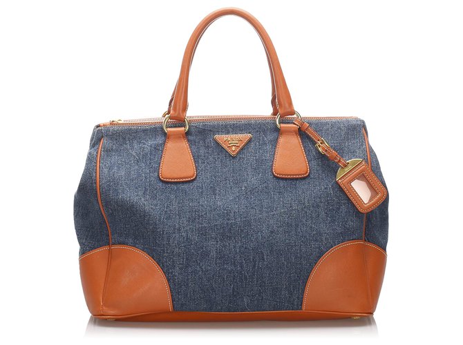 Prada Blue Denim Tote Bag Orange Leather Pony-style calfskin Cloth   - Joli Closet