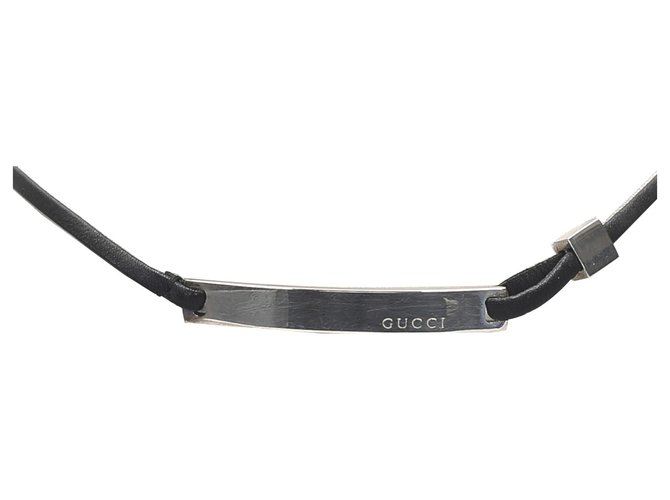 Gucci Silver Silver-Tone Plate Necklace Black Silvery Leather Metal Pony-style calfskin  ref.203648