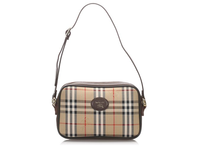 Burberry Brown Haymarket Check Canvas Crossbody Bag Multiple colors Beige Leather Cloth Pony-style calfskin Cloth  ref.203672
